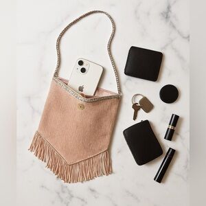 Vintage 90s/00s Blush Beaded Fringe Evening Bag w/ Rhinestone Strap